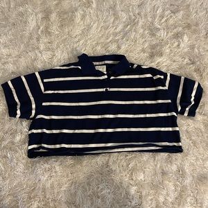 navy blue and white cropped button up